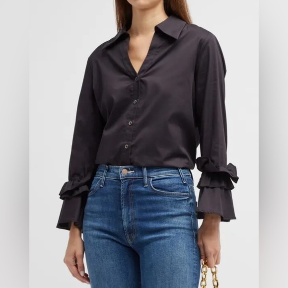 Harshman Tops - Harshman Women's Size 1X Selina Ruffle-Trim Button Front Cotton Shirt Black